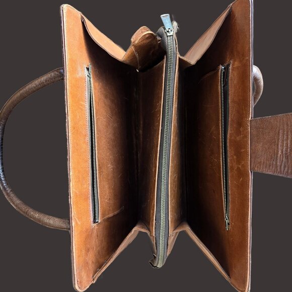 Vintage 70s Mexican Mayan Tooled Leather Handbag Shoulder Bag  Brown Top Handles - Picture 10 of 12